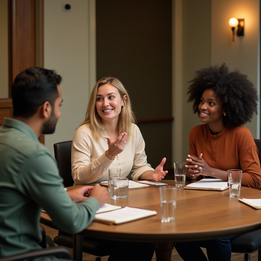 Small group of professionals engaged in a thoughtful discussion around a table with natural light, notebooks open, attentive expressions