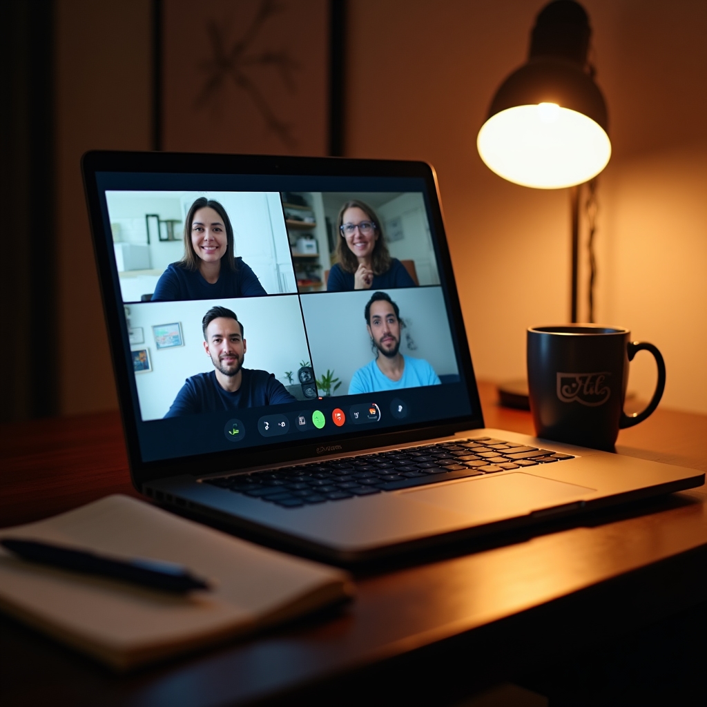 Close-up of a laptop screen showing a live video webinar with multiple participant thumbnails visible, home office setting with warm desk lamp