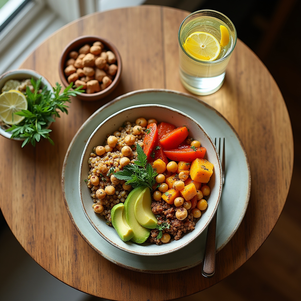 Balanced meal on a wooden table with colorful vegetables, whole grains, and protein-rich foods arranged naturally, warm kitchen lighting