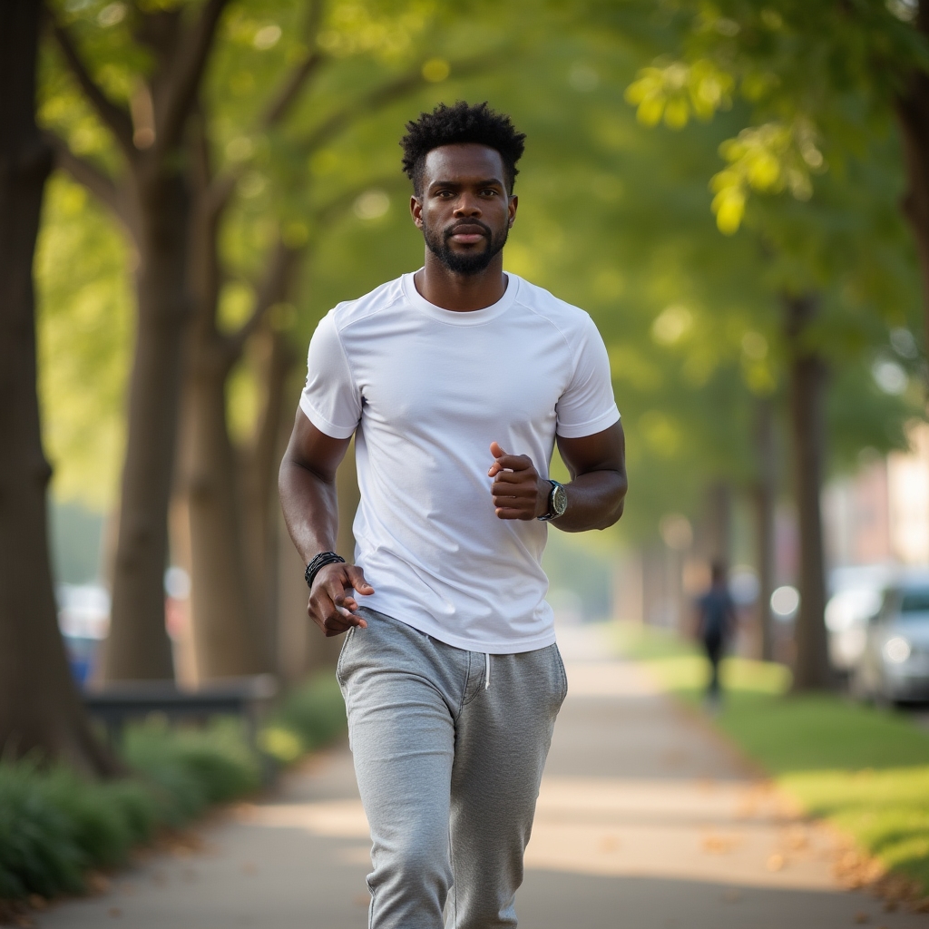 Young professional taking a brisk walk outdoors during a lunch break, wearing casual athletic clothing, natural daylight, energized posture