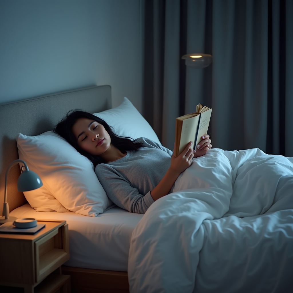 Peaceful bedroom with warm ambient lighting, a person settling into bed with a book, emphasizing restorative sleep environment