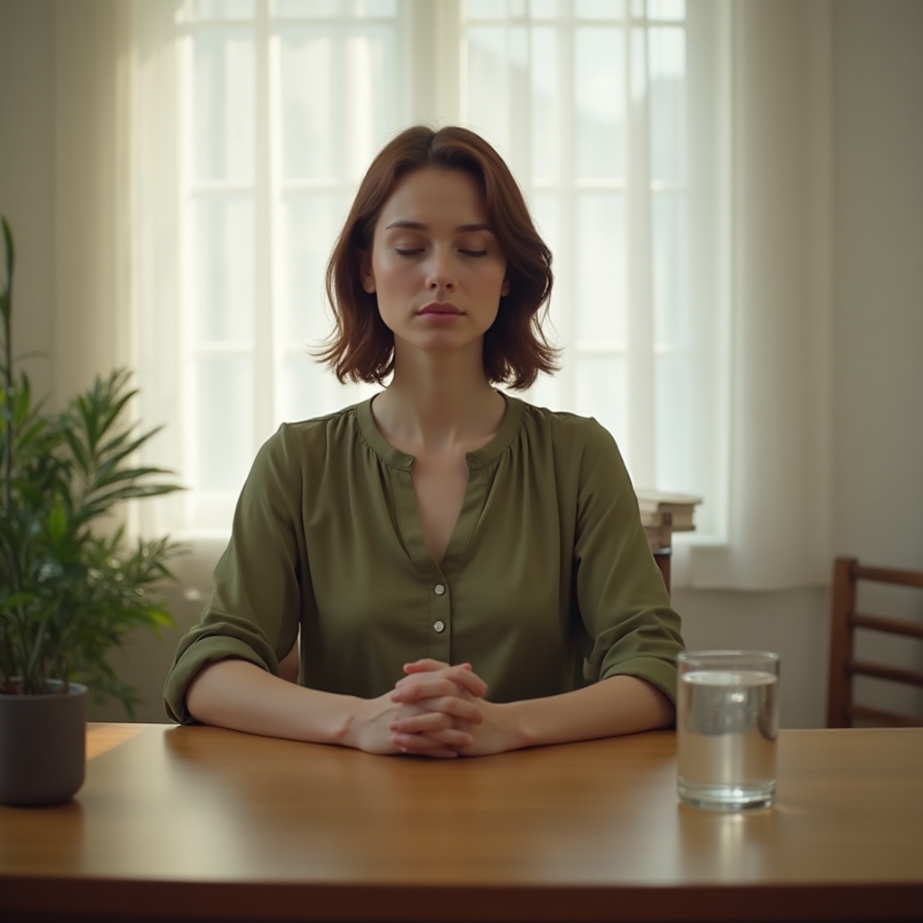 Person practicing mindful breathing at a desk, eyes closed, hands resting on knees, soft afternoon light through a window, calm office environment