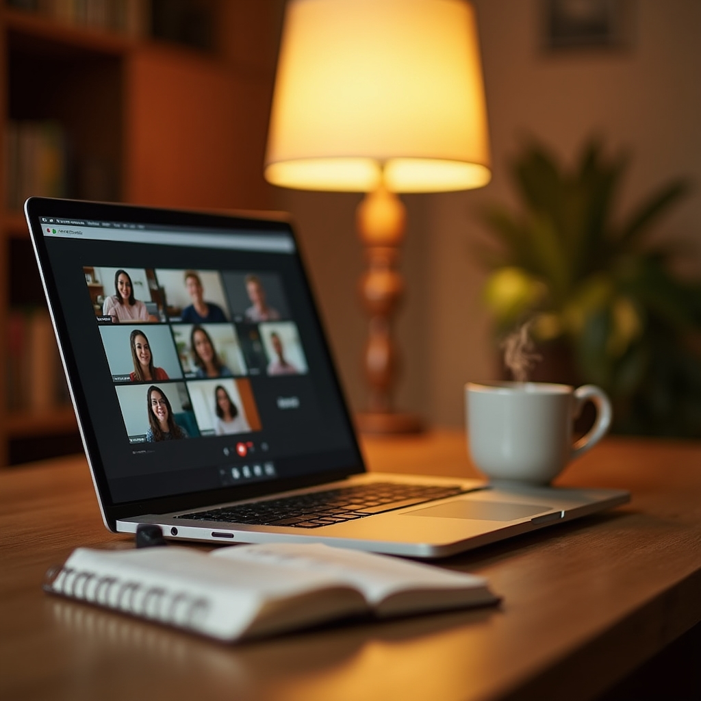 Online webinar session displayed on a laptop screen with notes and a warm cup of tea on the desk beside it